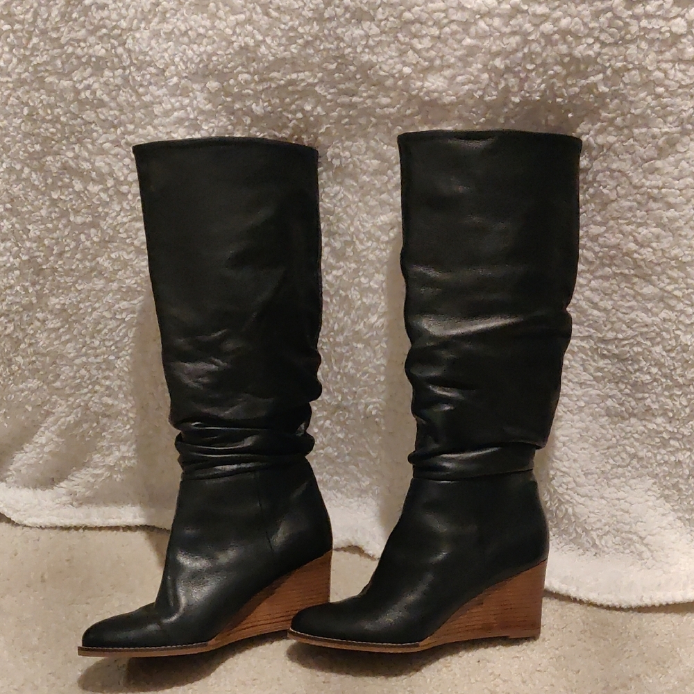 New! Andre Assous Saffi Black Leather Wedge Boots Vintage Outdoors Y2k Trendy Ca